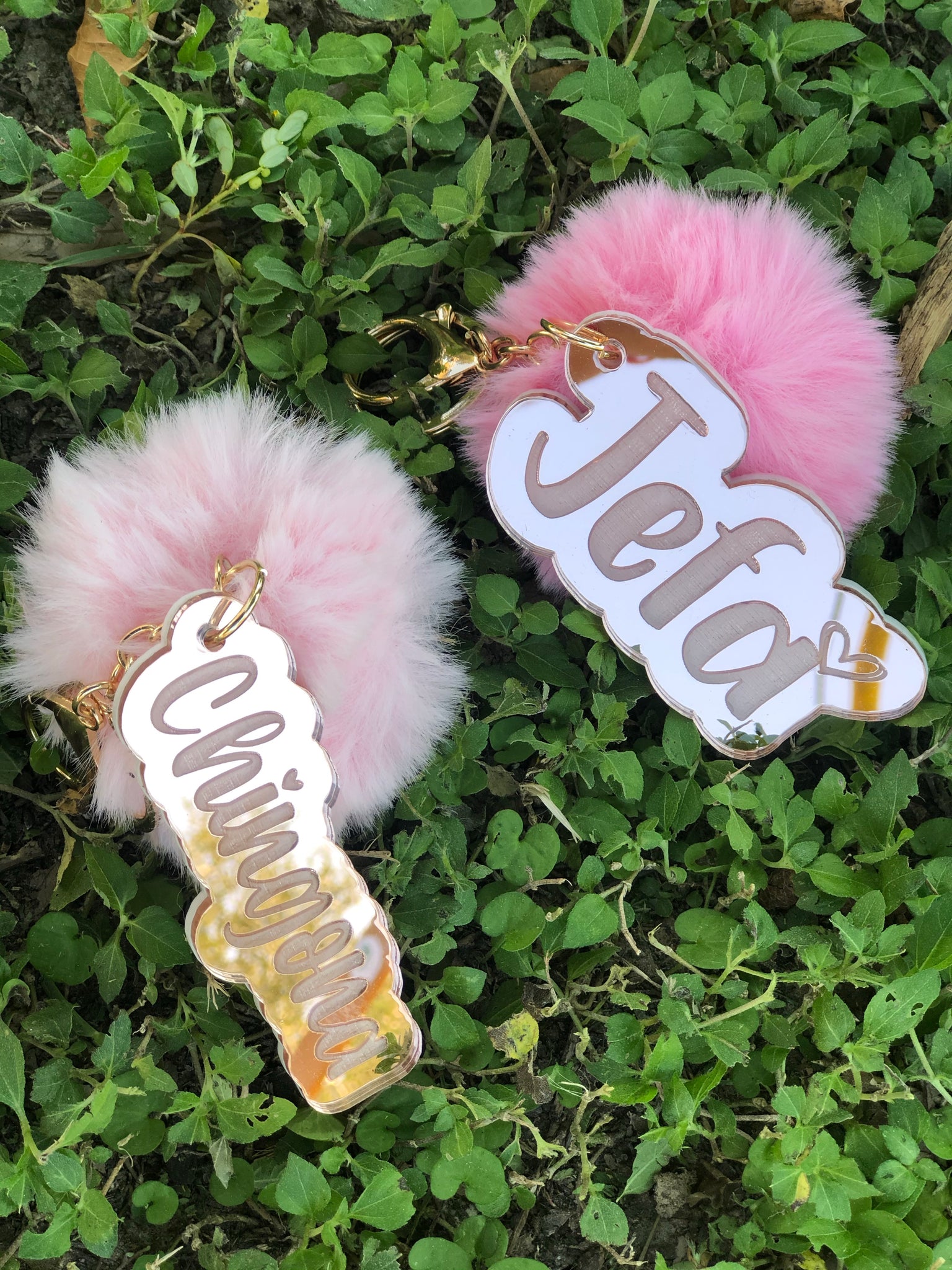 Fur Ball Keychain with Letter and Lip Gloss